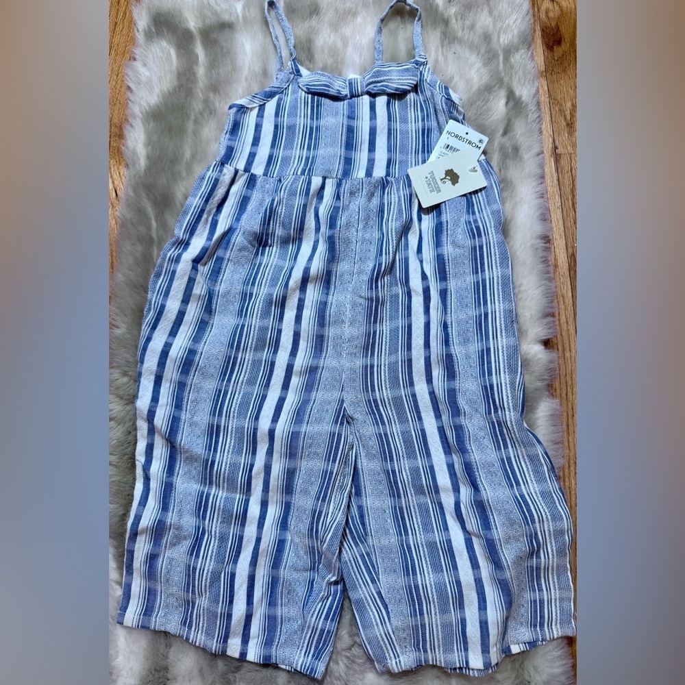 NWT Nordstrom Tucker + Tate Girl Blue White Textured Striped Jumpsuit w Bow 3T